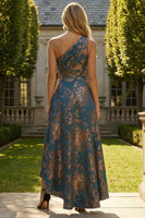 Load image into Gallery viewer, Peacock Blue Floral A Line One Shoulder Asymmetrical Formal Dress