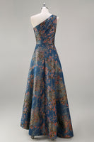 Load image into Gallery viewer, Peacock Blue Floral A Line One Shoulder Asymmetrical Formal Dress