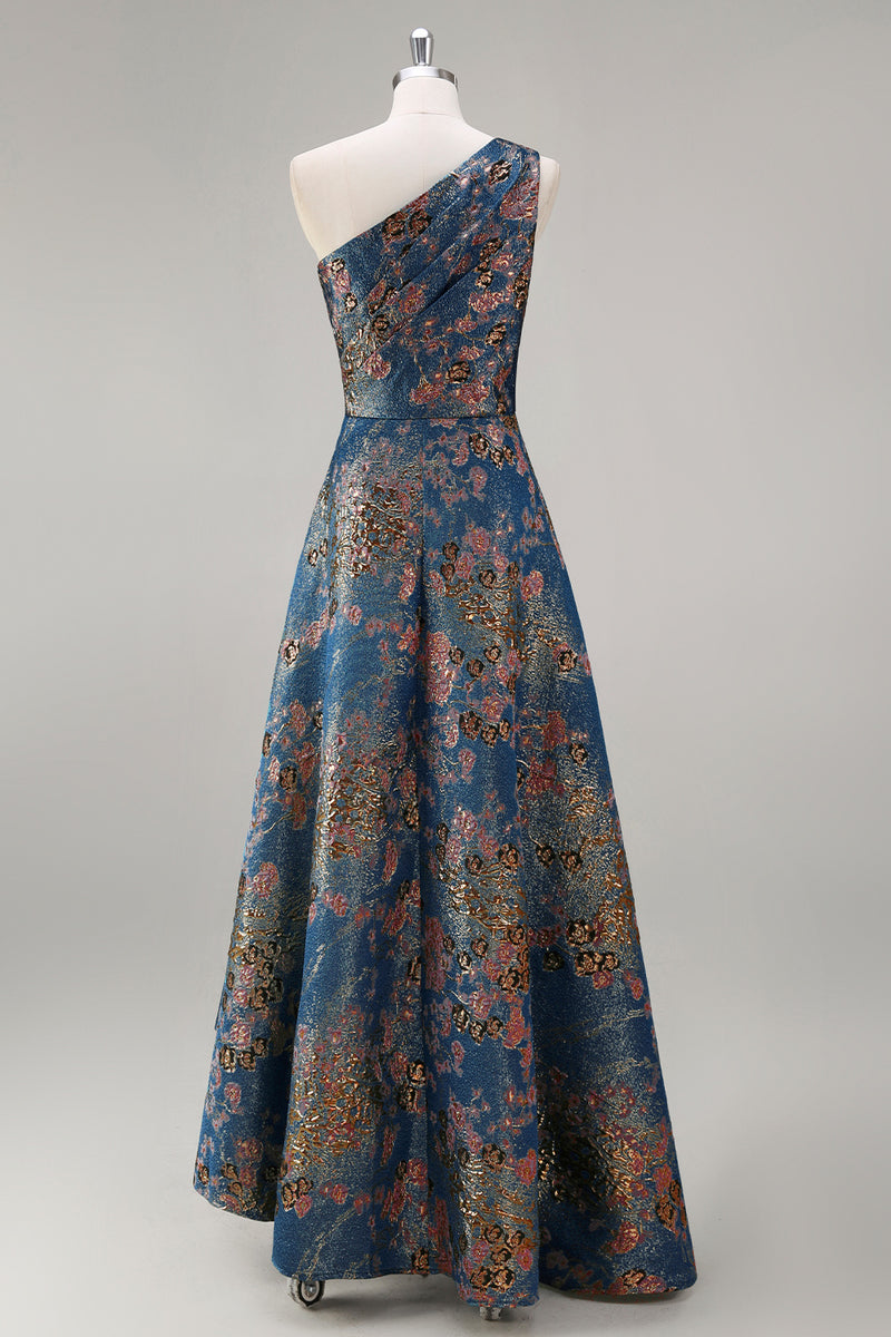 Load image into Gallery viewer, Peacock Blue Floral A Line One Shoulder Asymmetrical Formal Dress