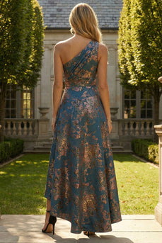 Peacock Blue Floral A Line One Shoulder Asymmetrical Formal Dress