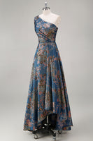 Load image into Gallery viewer, Peacock Blue Floral A Line One Shoulder Asymmetrical Formal Dress