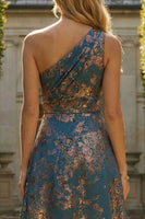 Load image into Gallery viewer, Peacock Blue Floral A Line One Shoulder Asymmetrical Formal Dress