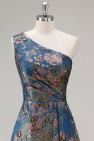 Load image into Gallery viewer, Peacock Blue Floral A Line One Shoulder Asymmetrical Formal Dress
