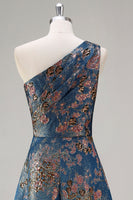 Load image into Gallery viewer, Peacock Blue Floral A Line One Shoulder Asymmetrical Formal Dress