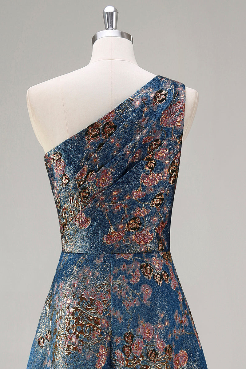 Load image into Gallery viewer, Peacock Blue Floral A Line One Shoulder Asymmetrical Formal Dress