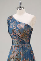 Load image into Gallery viewer, Peacock Blue Floral A Line One Shoulder Asymmetrical Formal Dress