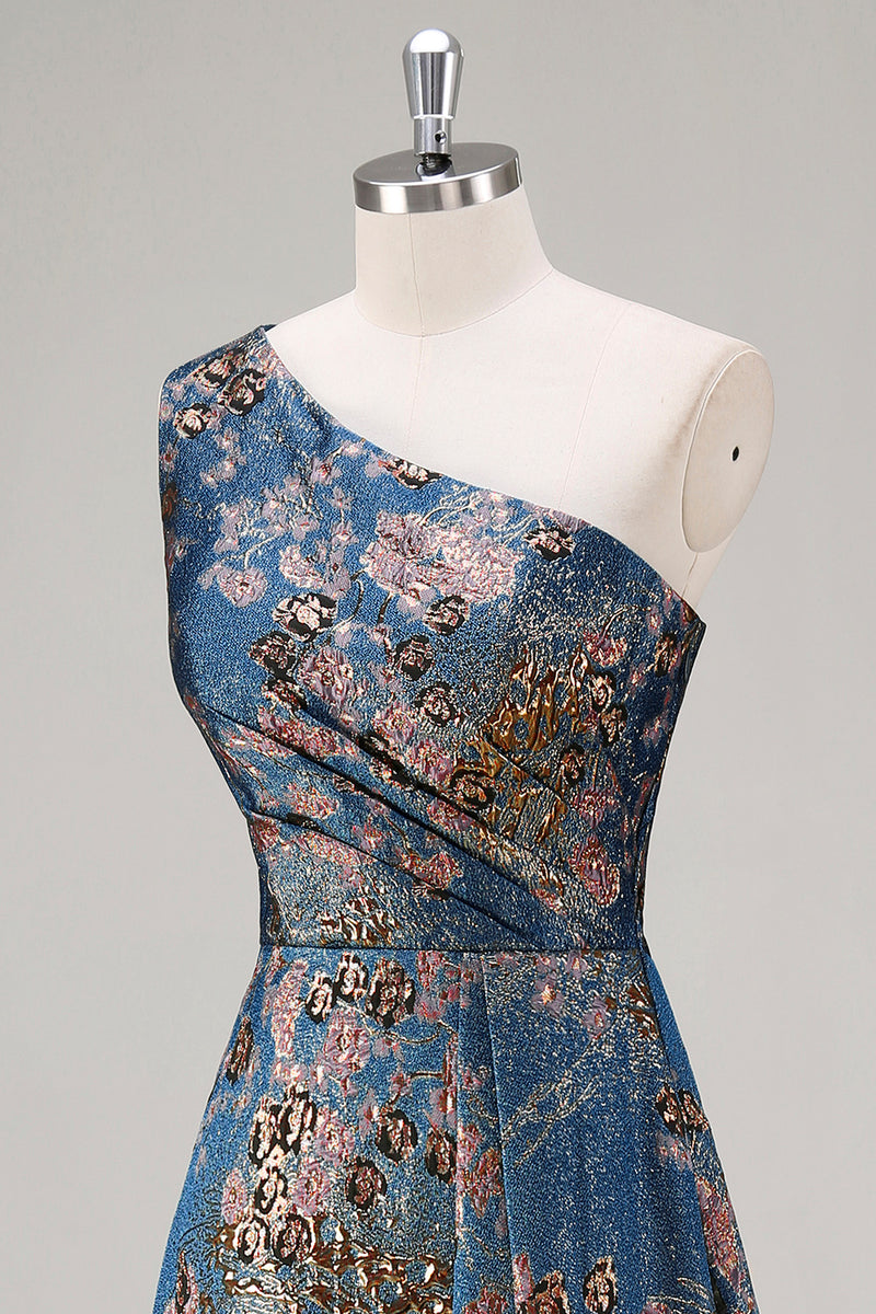 Load image into Gallery viewer, Peacock Blue Floral A Line One Shoulder Asymmetrical Formal Dress