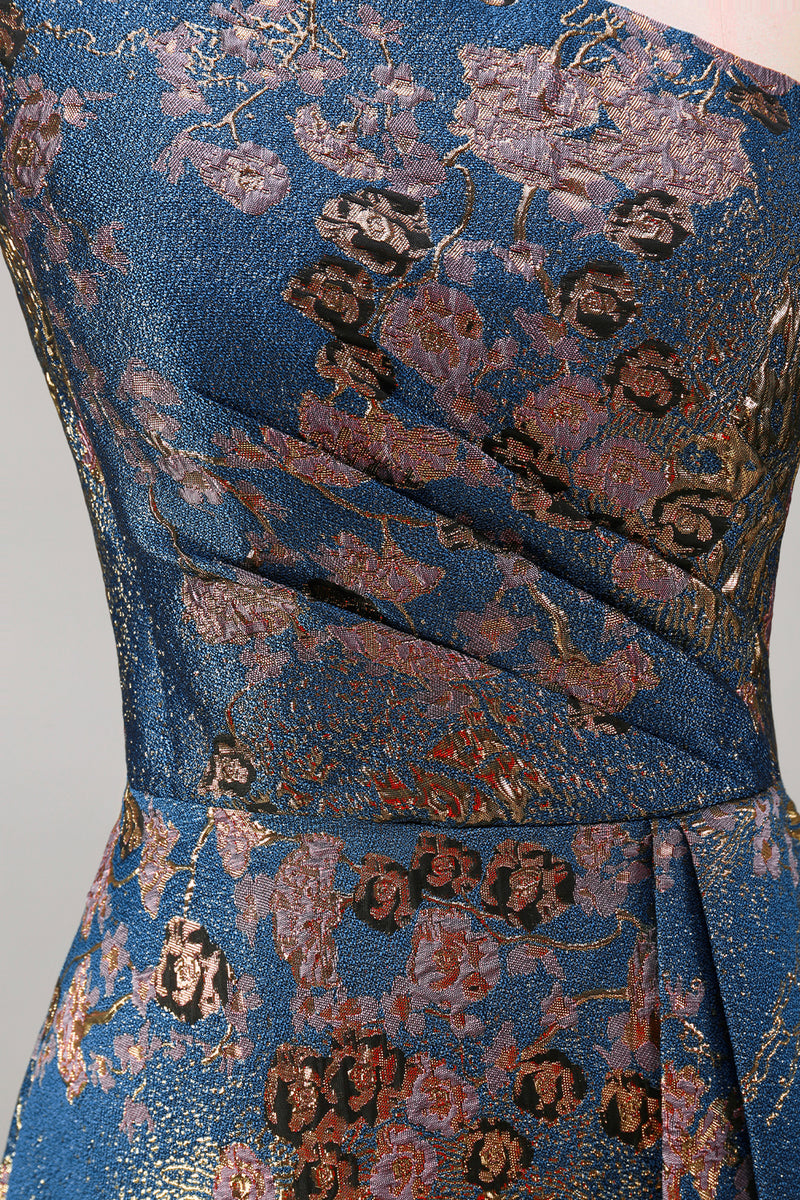 Load image into Gallery viewer, Peacock Blue Floral A Line One Shoulder Asymmetrical Formal Dress