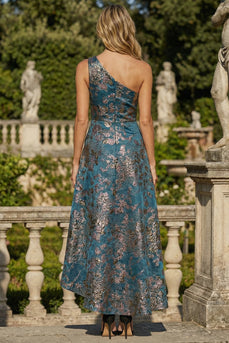 Peacock Blue One Shoulder A Line Maxi Formal Dress
