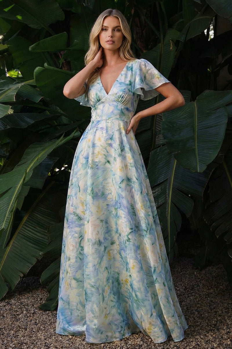 Load image into Gallery viewer, Light Green Floral Backless A Line Long Formal Dress