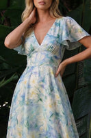 Load image into Gallery viewer, Light Green Floral Backless A Line Long Formal Dress