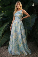 Load image into Gallery viewer, Light Green Boat Neck Floral A Line Long Formal Dress