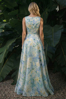 Light Green Boat Neck Floral A Line Long Formal Dress