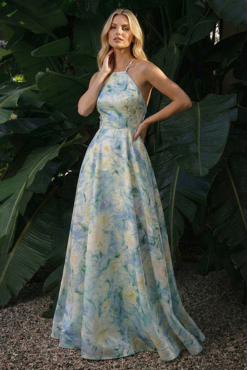 Load image into Gallery viewer, Light Green Floral Backless Halter A Line Long Formal Dress