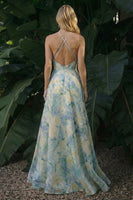 Load image into Gallery viewer, Light Green Floral Backless Halter A Line Long Formal Dress