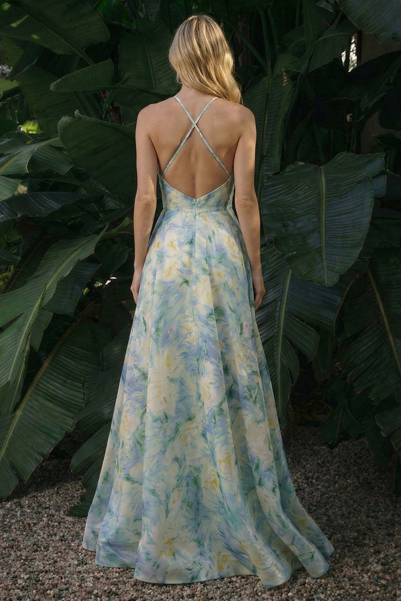 Load image into Gallery viewer, Light Green Floral Backless Halter A Line Long Formal Dress