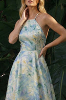 Load image into Gallery viewer, Light Green Floral Backless Halter A Line Long Formal Dress