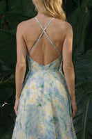 Load image into Gallery viewer, Light Green Floral Backless Halter A Line Long Formal Dress