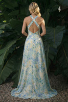 Load image into Gallery viewer, Light Green Floral A Line High-Low Formal Dress