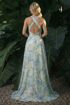 Light Green Floral A Line High-Low Formal Dress