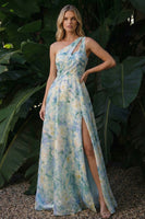 Load image into Gallery viewer, Light Green A Line Cut Out Floral Long Formal Dress with Slit