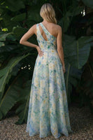 Load image into Gallery viewer, Light Green A Line Cut Out Floral Long Formal Dress with Slit