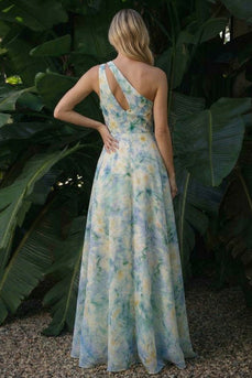 Light Green A Line Cut Out Floral Long Formal Dress with Slit