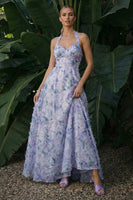 Load image into Gallery viewer, Light Purple Floral Backless A Line Halter Long Formal Dress