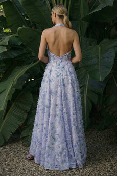 Light Purple Floral Backless A Line Halter Long Formal Dress