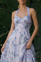 Load image into Gallery viewer, Light Purple Floral Backless A Line Halter Long Formal Dress