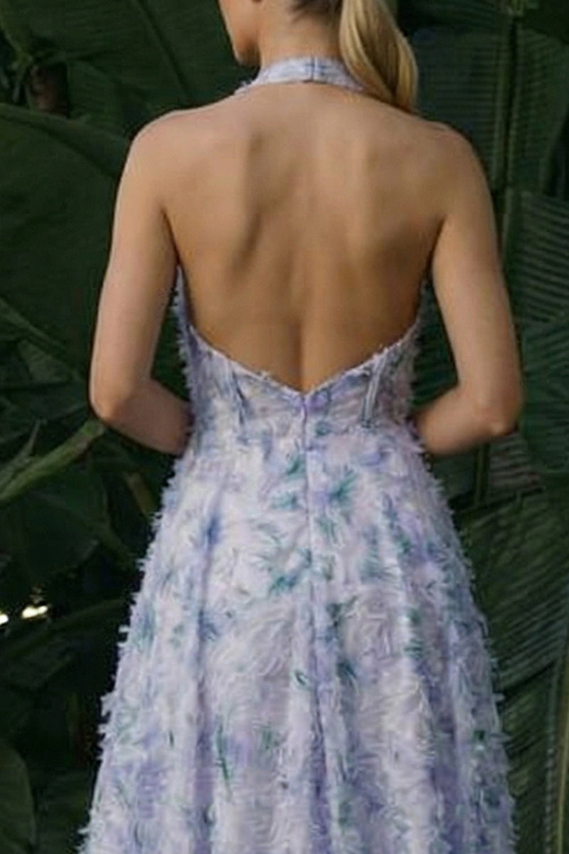 Load image into Gallery viewer, Light Purple Floral Backless A Line Halter Long Formal Dress