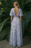Load image into Gallery viewer, Light Purple Floral A Line Backless Long Formal Dress