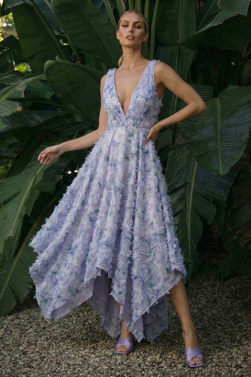 Load image into Gallery viewer, Light Purple Floral A Line Backless Asymmetrical Formal Dress