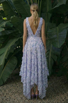 Light Purple Floral A Line Backless Asymmetrical Formal Dress