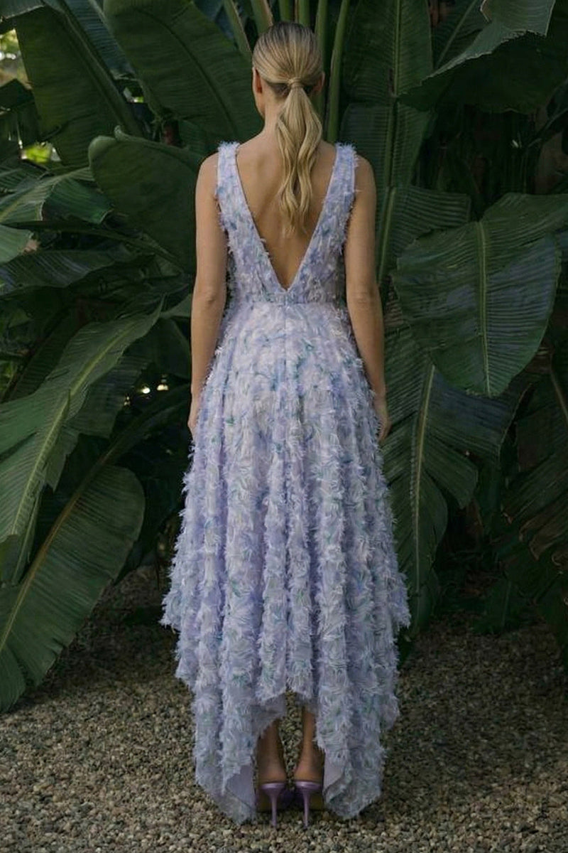 Load image into Gallery viewer, Light Purple Floral A Line Backless Asymmetrical Formal Dress