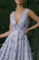 Load image into Gallery viewer, Light Purple Floral A Line Backless Asymmetrical Formal Dress