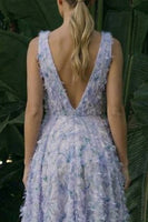 Load image into Gallery viewer, Light Purple Floral A Line Backless Asymmetrical Formal Dress