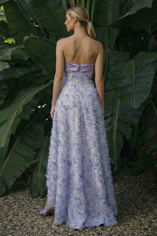 Light Purple Floral Strapless A Line Asymmetrical Formal Dress
