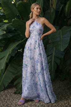 Light Purple Backless Floral Halter A Line Long Formal Dress