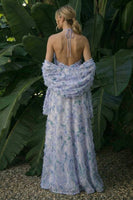Load image into Gallery viewer, Light Purple Backless Floral Halter A Line Long Formal Dress