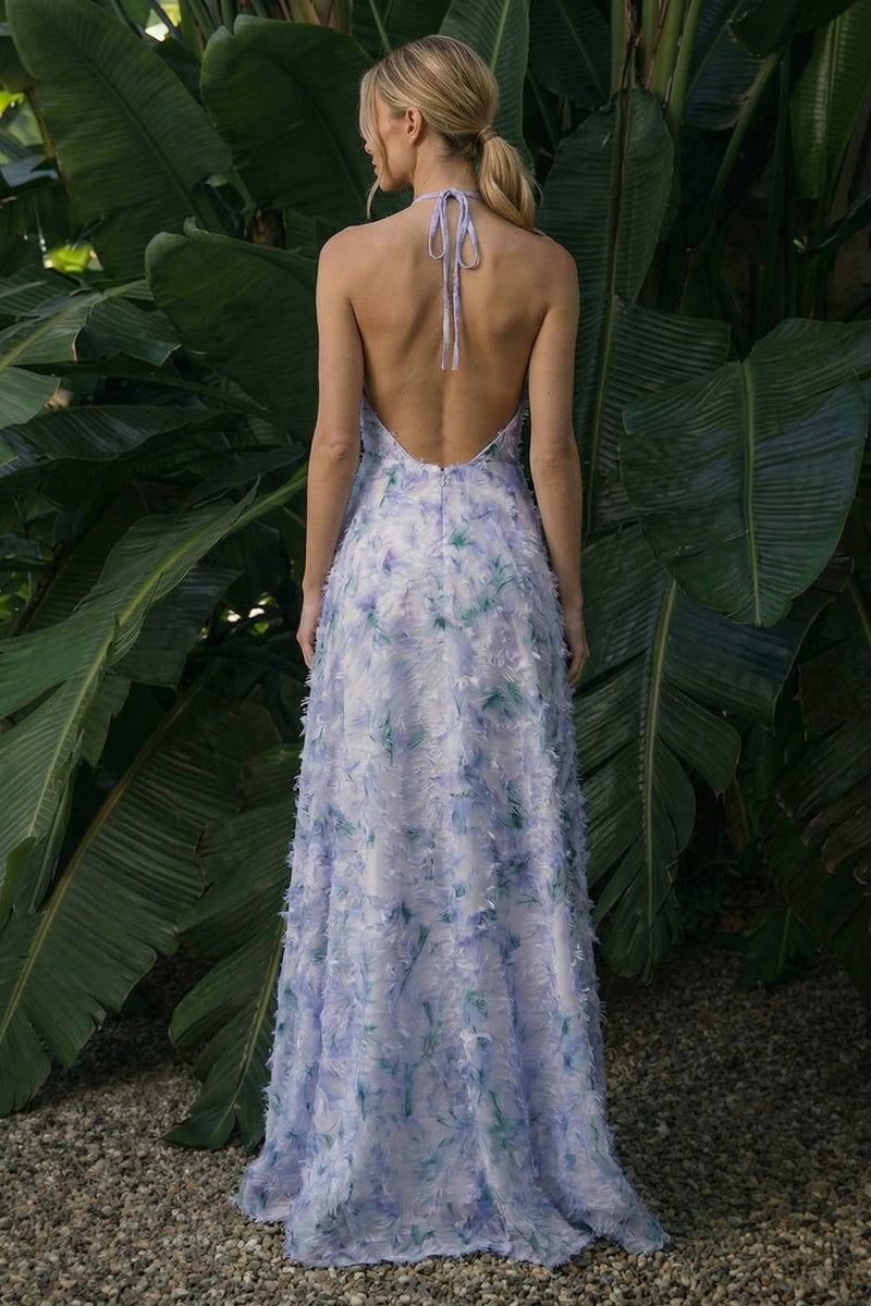 Load image into Gallery viewer, Light Purple Backless Floral Halter A Line Long Formal Dress