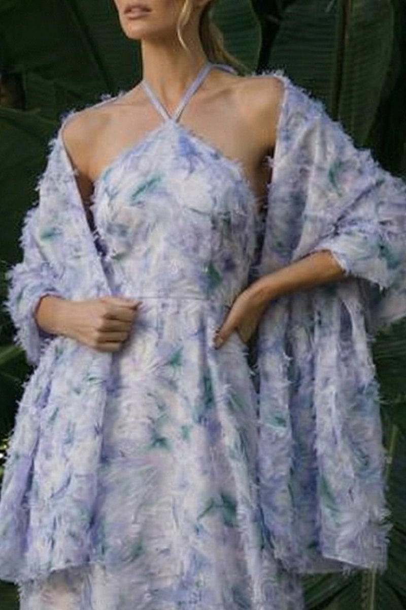 Load image into Gallery viewer, Light Purple Backless Floral Halter A Line Long Formal Dress