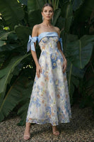 Load image into Gallery viewer, Light Blue Floral A Line Maxi Formal Dress with Bows