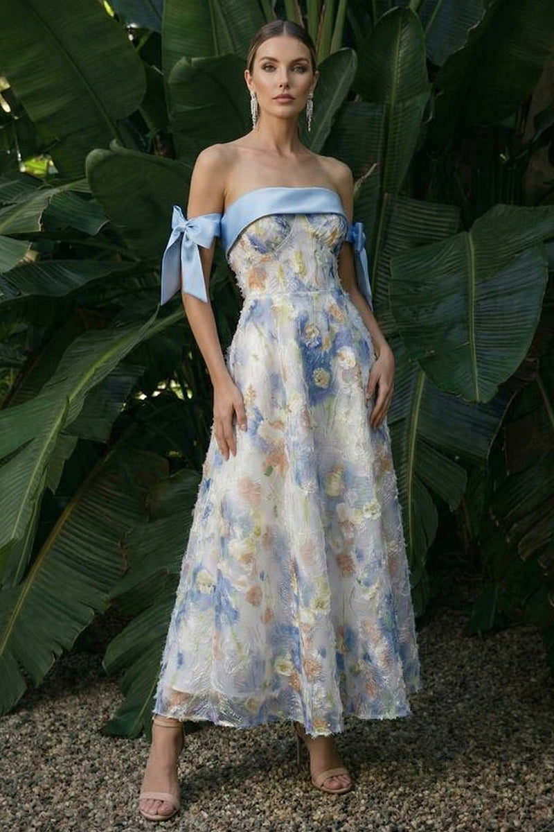 Load image into Gallery viewer, Light Blue Floral A Line Maxi Formal Dress with Bows