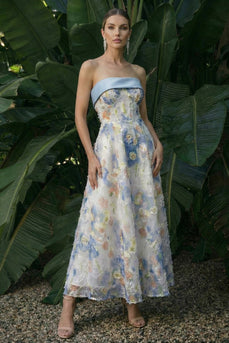 Light Blue Floral A Line Maxi Formal Dress with Bows