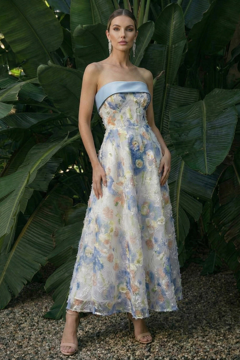 Load image into Gallery viewer, Light Blue Floral A Line Maxi Formal Dress with Bows