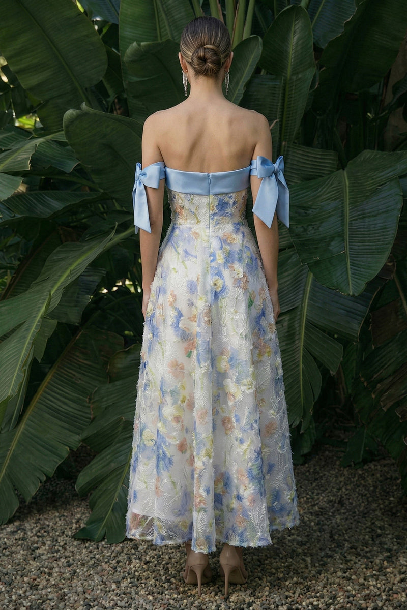 Load image into Gallery viewer, Light Blue Floral A Line Maxi Formal Dress with Bows
