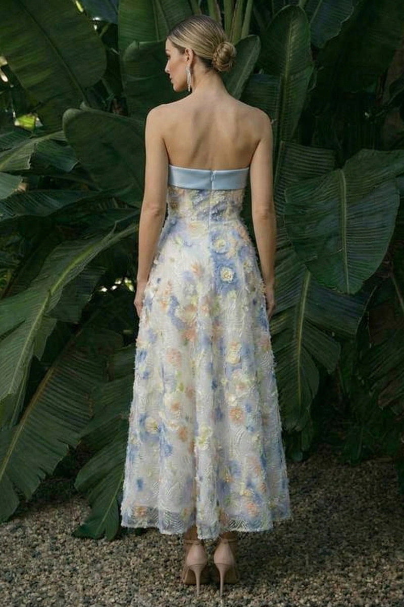Load image into Gallery viewer, Light Blue Floral A Line Maxi Formal Dress with Bows