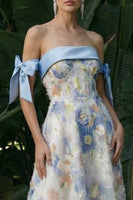 Load image into Gallery viewer, Light Blue Floral A Line Maxi Formal Dress with Bows