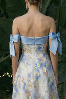Load image into Gallery viewer, Light Blue Floral A Line Maxi Formal Dress with Bows